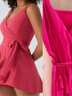 HALARA Hot Pink V Neck Wrap Ruffle Mini Dress with Shorts see pics for color